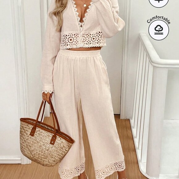 Apricot Casual Women's Fall Lace Splice Long Sleeve Cardigan And Pants - Picture 6 of 6